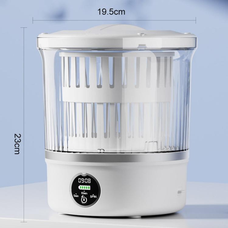 Mini washing machine with clear drum, digital panel, and top lid, shown with size markers