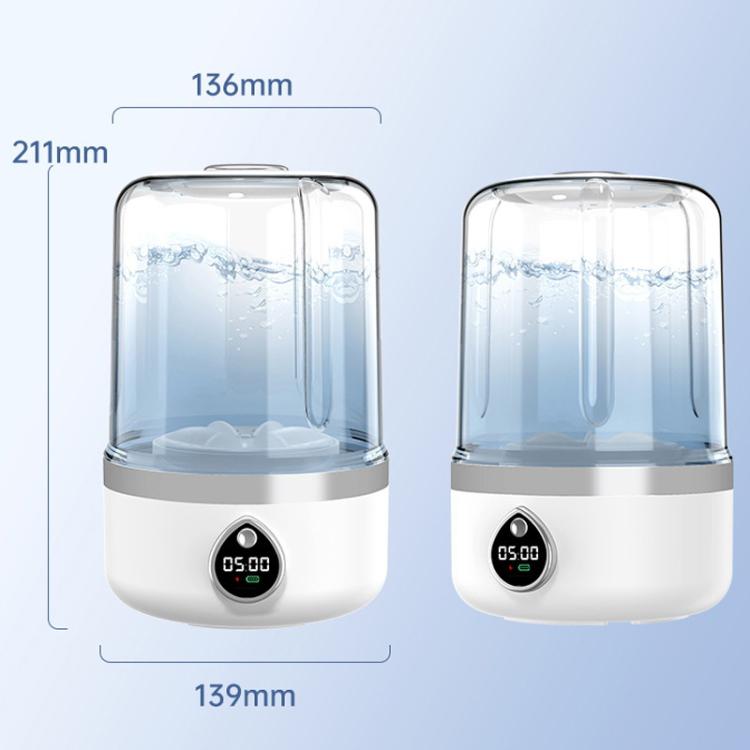 Mini portable washing machine with clear top and white body, front view with dimensions
