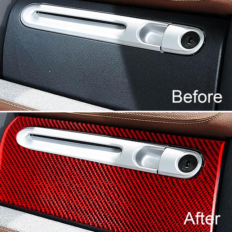 Glove box handle trim comparison: black surface above, red carbon-fiber insert below