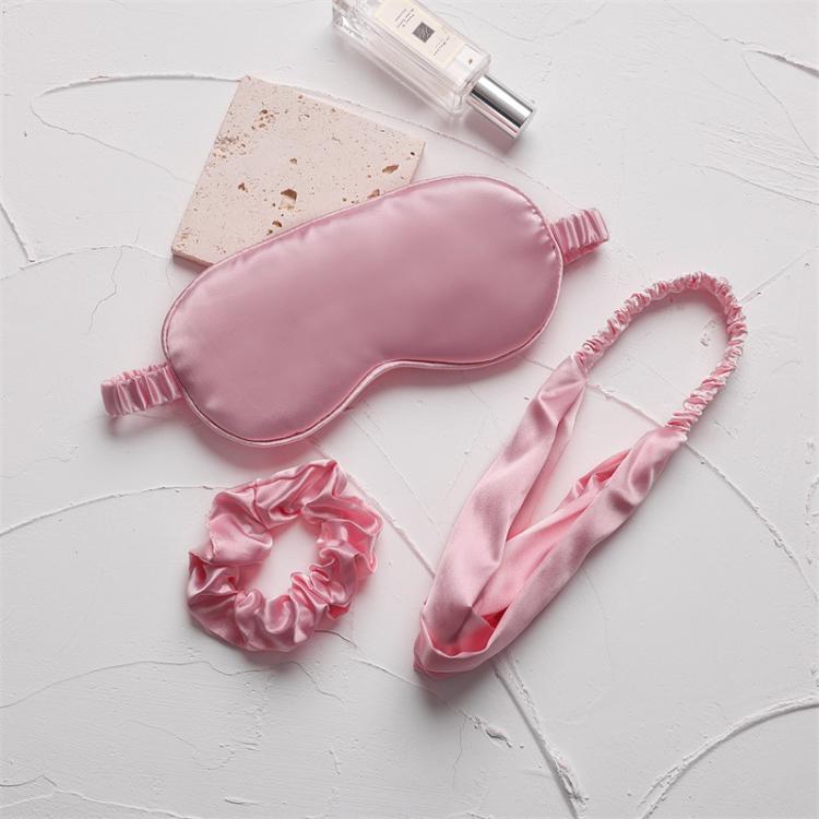 Pink satin sleep mask set with elastic headband and hair scrunchie