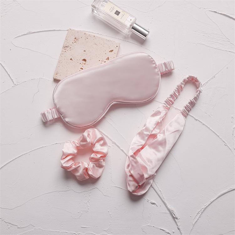 Light pink satin sleep mask set with elastic headband and hair scrunchie