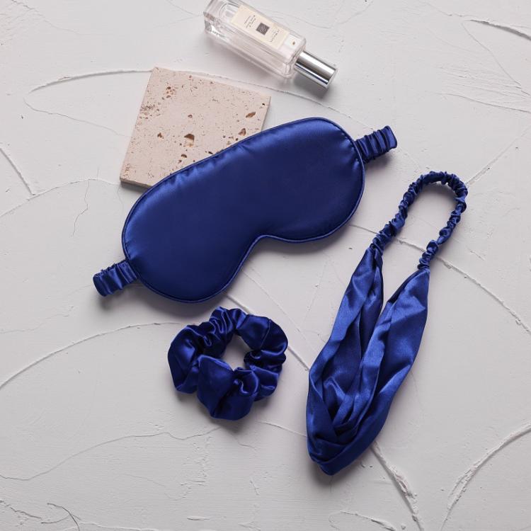 Royal blue satin sleep mask set with elastic headband and hair scrunchie