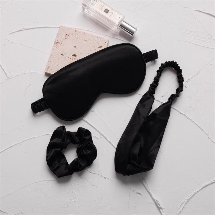 Black satin sleep mask set with elastic headband and hair scrunchie