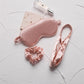 Blush pink satin sleep mask set with elastic headband and hair scrunchie