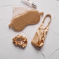 Gold satin sleep mask set with elastic headband and hair scrunchie