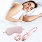 Pink satin sleep eye mask with matching hair scrunchie and elastic headband set