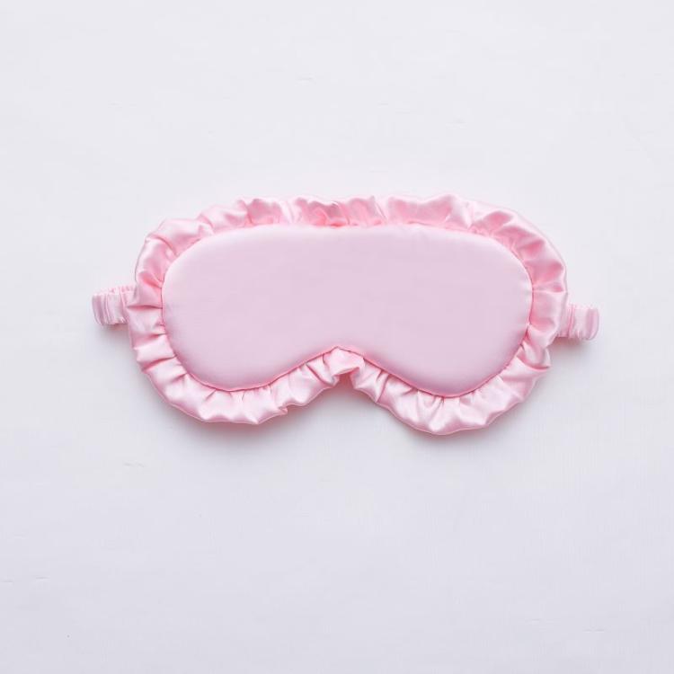 Pink faux silk satin sleep mask with ruffle edge and elastic side ties