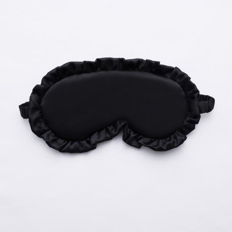 Black faux silk satin sleep mask with ruffle edge and elastic side ties