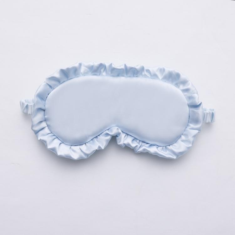 Powder blue faux silk satin sleep mask with ruffle edge and elastic side ties