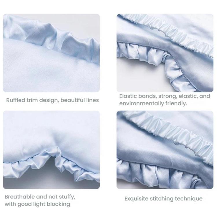 Blue satin sleep mask close-up showing ruffled trim, elastic band, and stitching