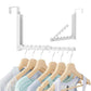 Over-the-door clothes drying rack with hooks holding shirts and hangers