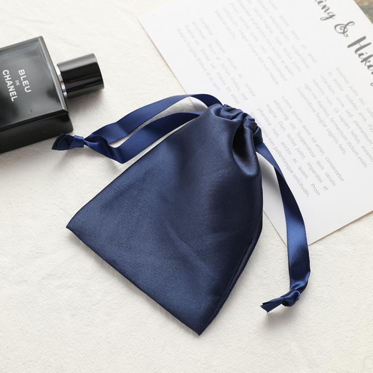 Small satin drawstring jewelry pouch, navy blue satin with drawstring ribbons
