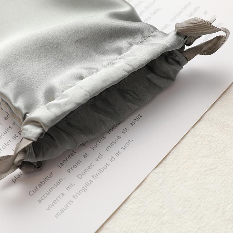 Small satin drawstring jewelry pouch, gray with gathered top and string