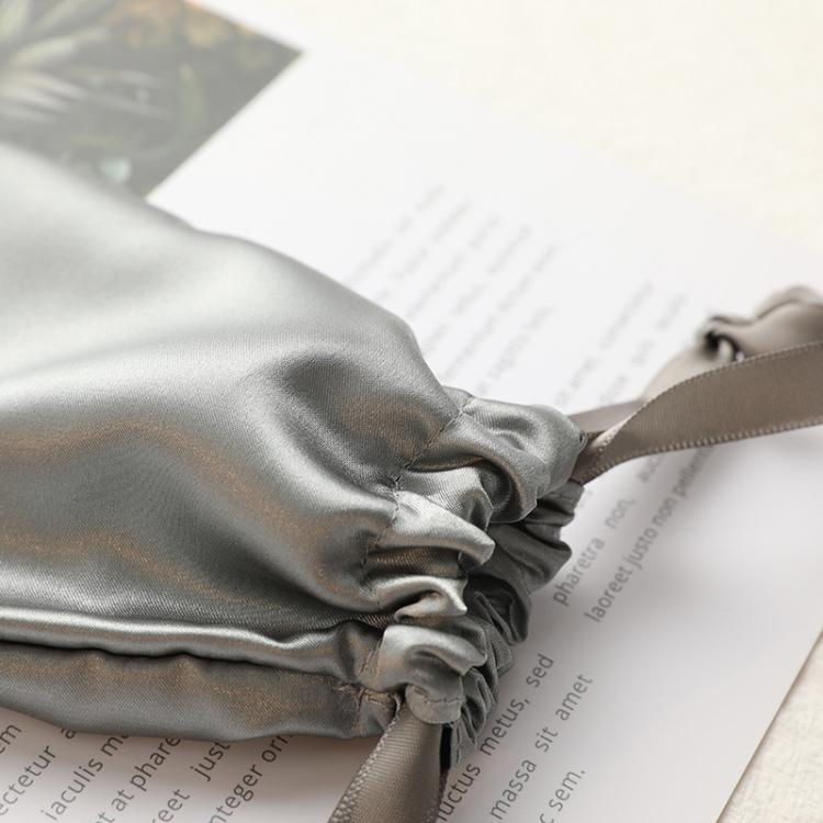 Small satin drawstring jewelry pouch, silver gray satin with gathered closure