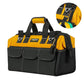 Yellow and black tool storage bag with front pockets, side handle, and zipper closure tab