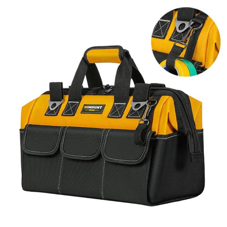 Yellow and black tool storage bag with front pockets, side handle, and zipper closure tab