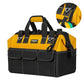 Yellow and black tool storage bag with front pockets, top handle, and side zipper pocket