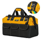 Yellow and black tool storage bag with reinforced top handle, front pockets, and side carry loop