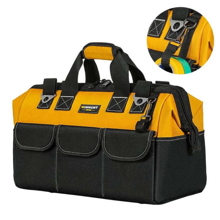 Yellow and black tool storage bag with reinforced top handle, front pockets, and side carry loop