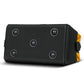 Black tool storage bag end panel with five metal snap studs and a side yellow corner