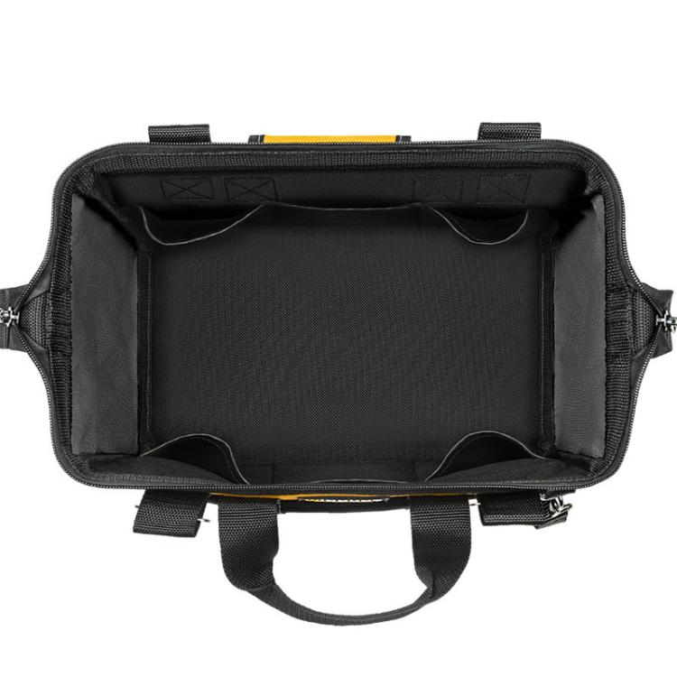 Open tool storage bag showing black interior lining and inner compartments