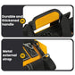 Reinforced handle on yellow and black tool storage bag with webbing strap and zipper pull