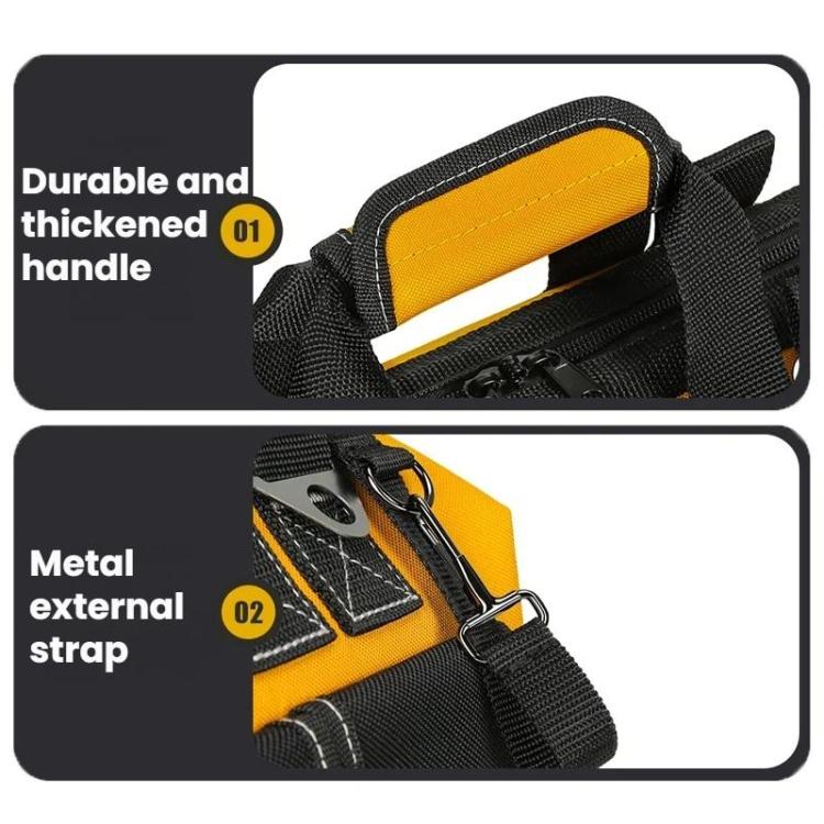 Reinforced handle on yellow and black tool storage bag with webbing strap and zipper pull