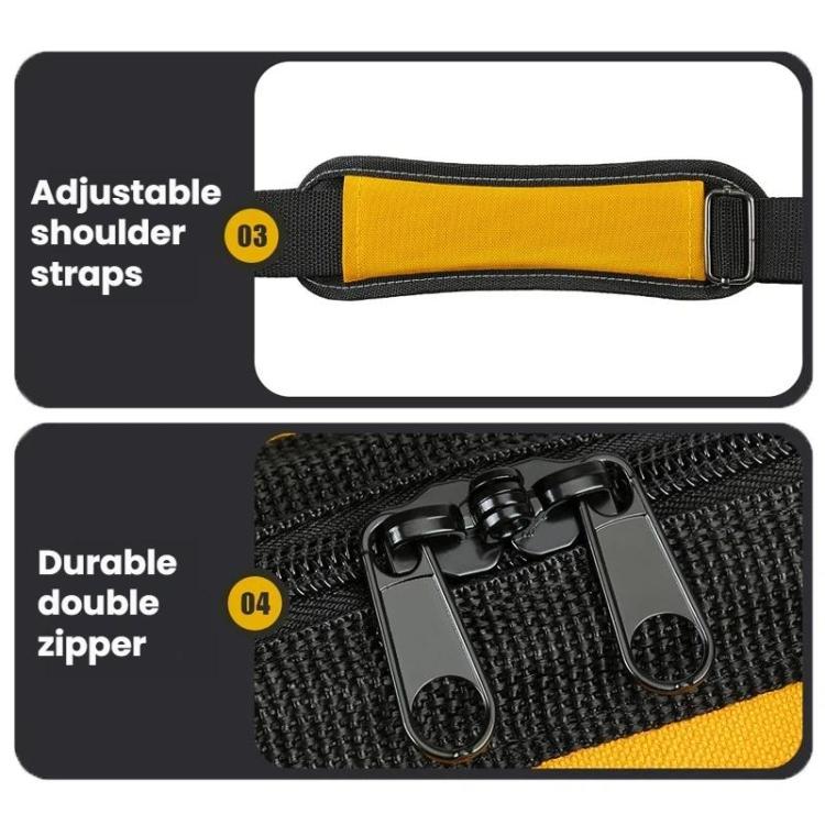 Yellow and black tool storage bag with adjustable shoulder strap and double zipper pulls