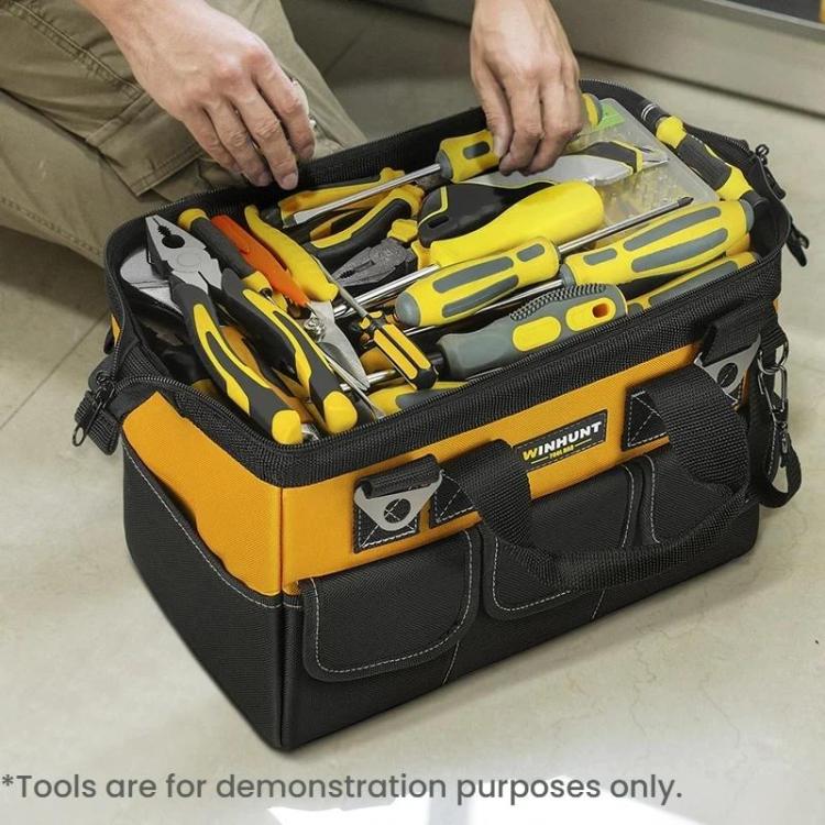 WINHUNT tool storage bag with yellow accents, zip top and side pockets, carrying handle