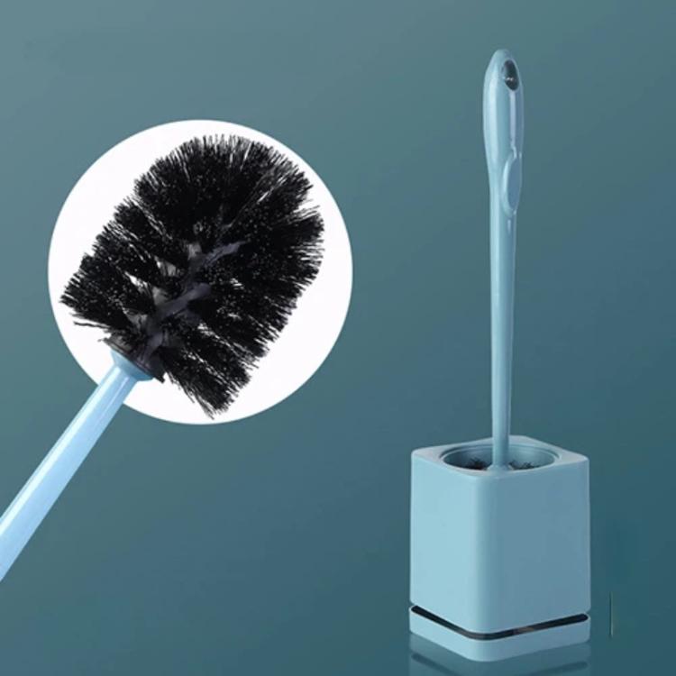 Toilet brush set with light blue holder and black round bristle head
