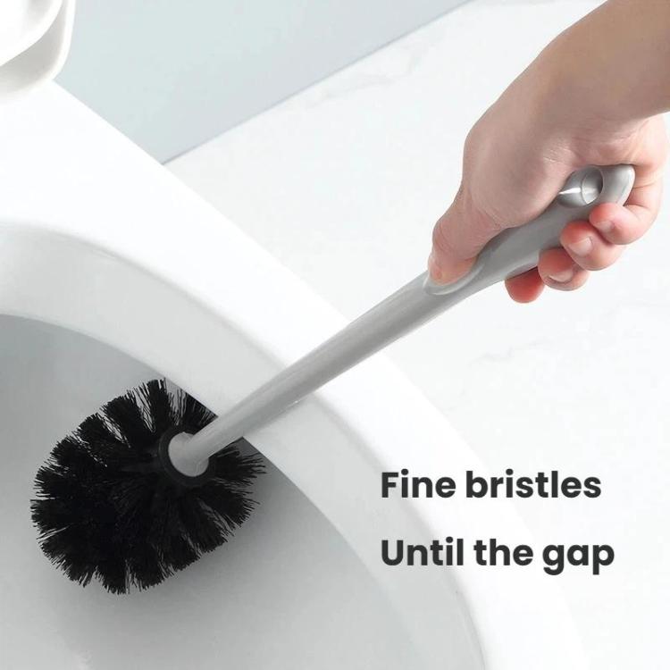 Toilet brush with gray handle and black bristle head used inside a toilet bowl