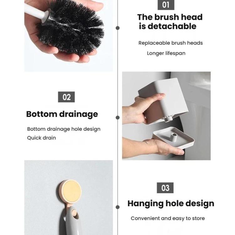 Toilet brush set parts: detachable brush head, bottom drainage, and hanging hole design