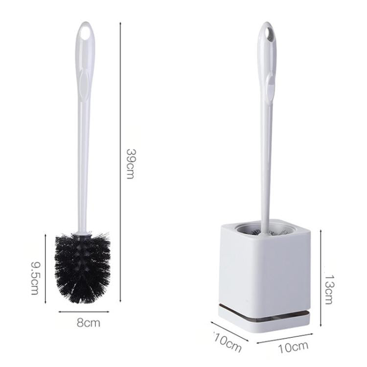 Dimension view of toilet brush set with white holder, black bristles, and overall height