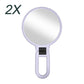 2X magnifying makeup mirror with round glass and purple folding handle