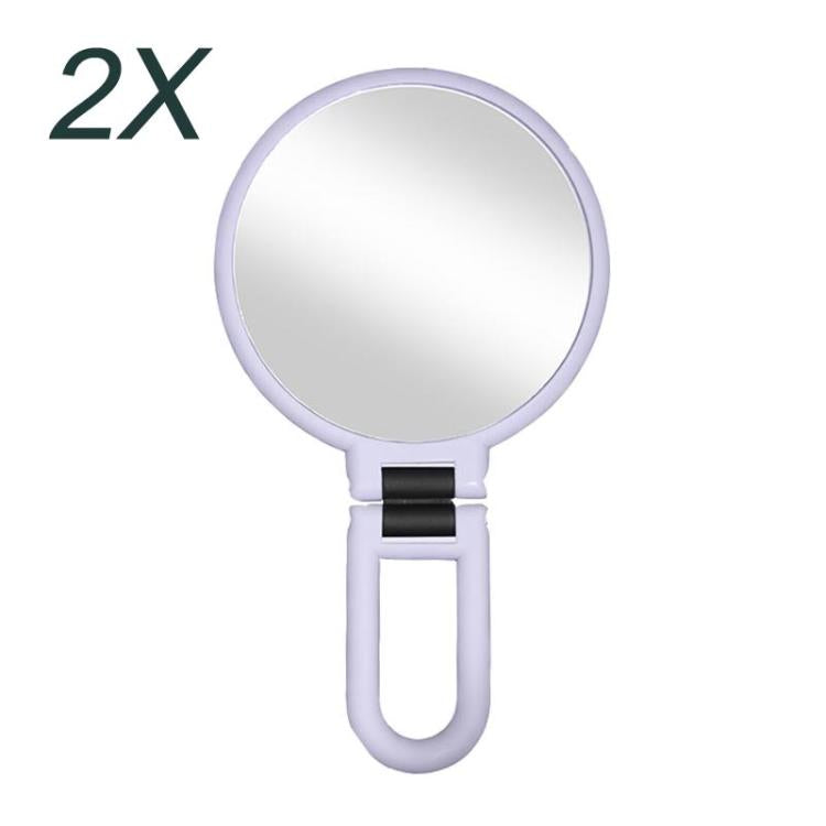 2X magnifying makeup mirror with round glass and purple folding handle
