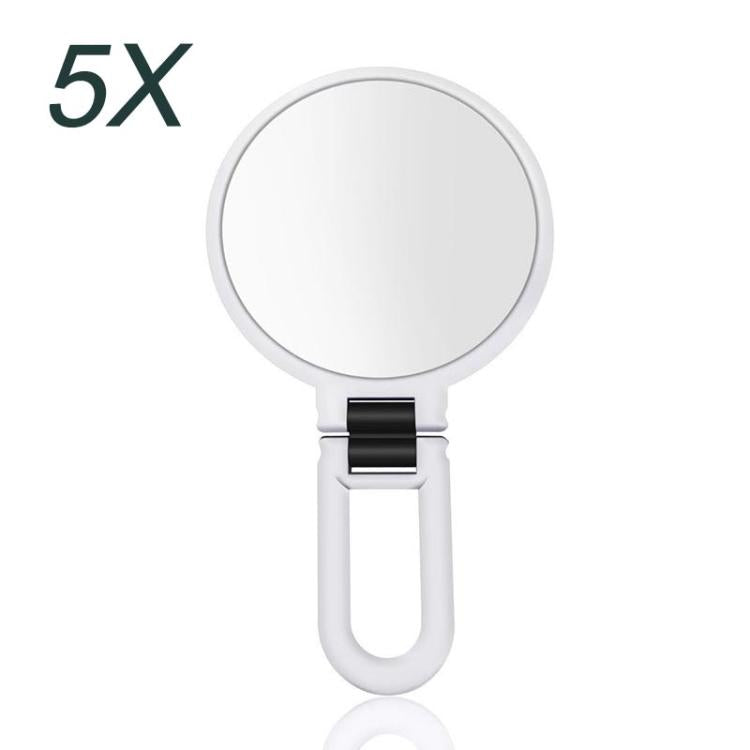 5X magnifying makeup mirror with round glass and white folding handle