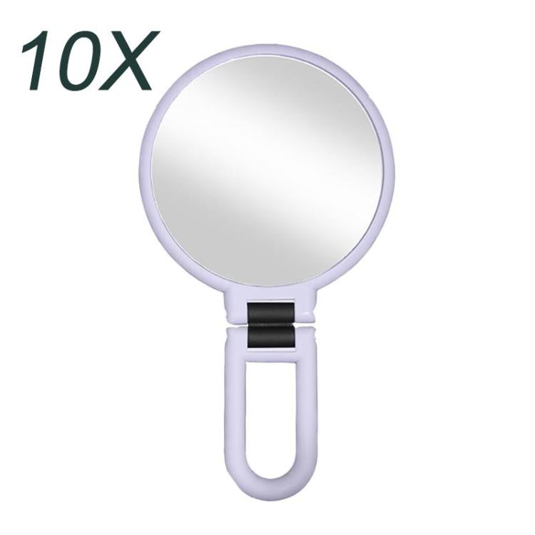 10X magnifying makeup mirror with round glass and purple folding handle