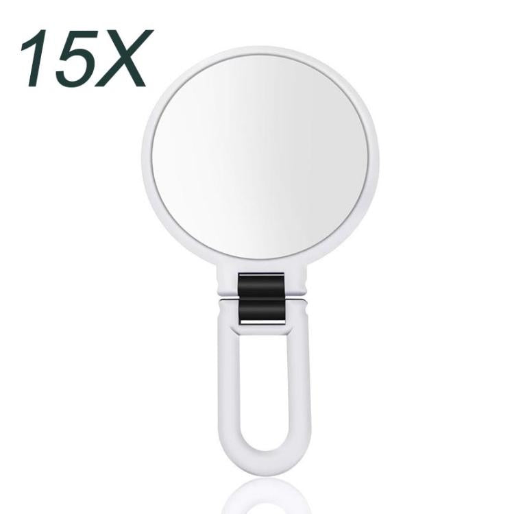 15X magnifying makeup mirror with round glass and white folding handle