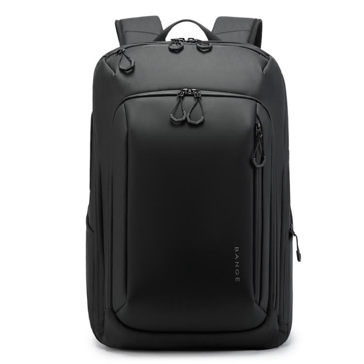 Black BANGE commuter backpack with large zip front pocket and top handle.