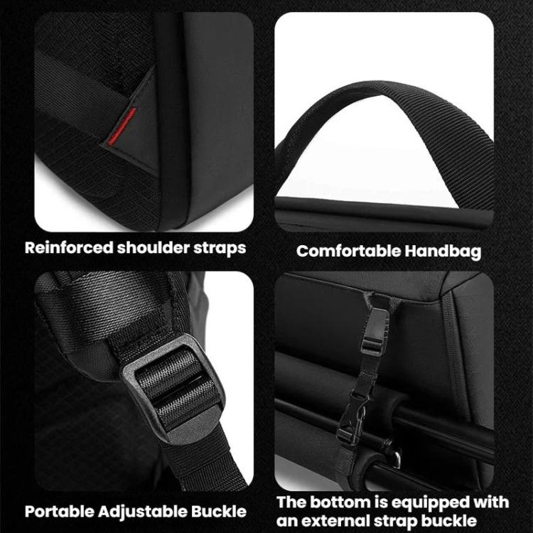Black backpack with reinforced shoulder straps, adjustable buckle, and padded hand carry.