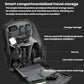 Black open camera backpack interior with padded compartments and mesh storage pockets.