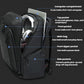 Black camera backpack interior showing main compartment, front pocket, and side pockets.
