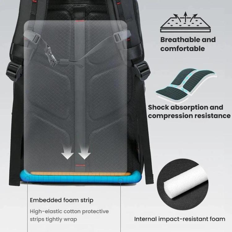 Black camera backpack back panel with padded cushioning and shock-absorbing foam strips.