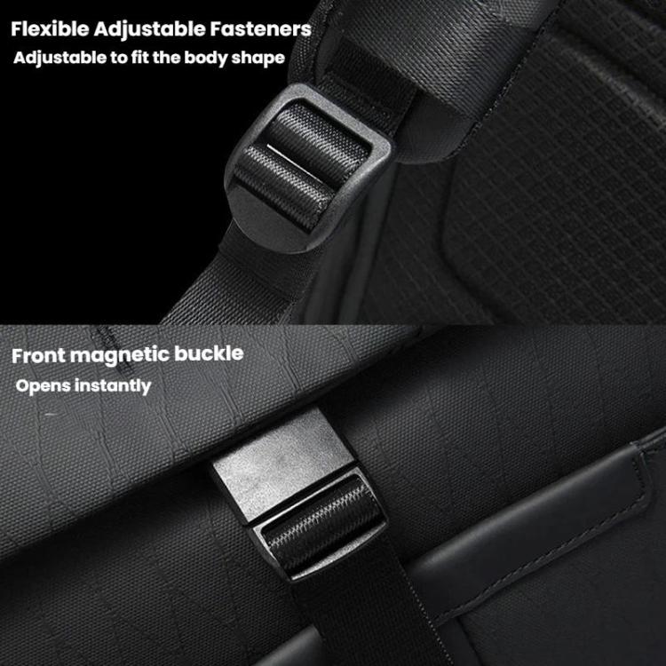 Commuter travel backpack front magnetic buckle and adjustable strap webbing