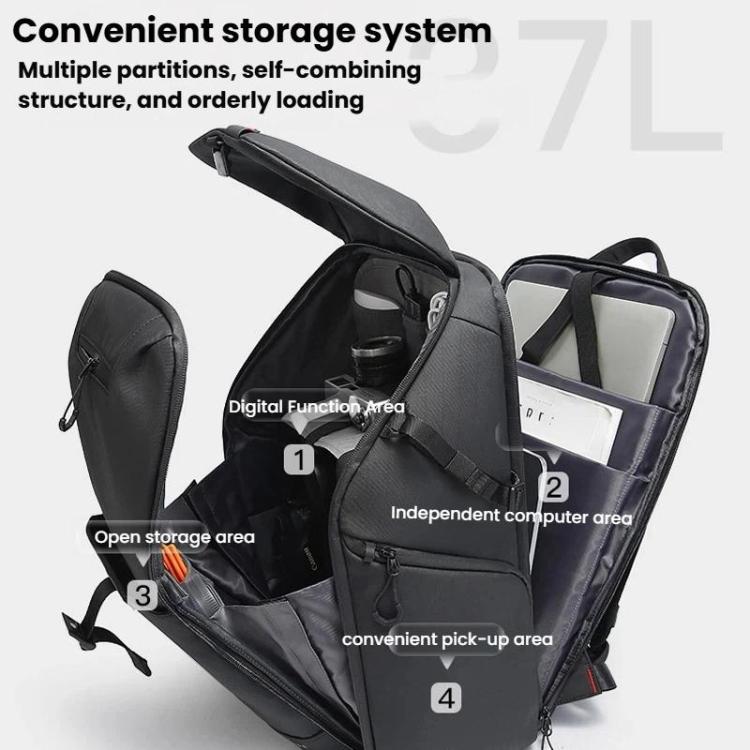 Open backpack interior with multiple compartments and independent computer storage area