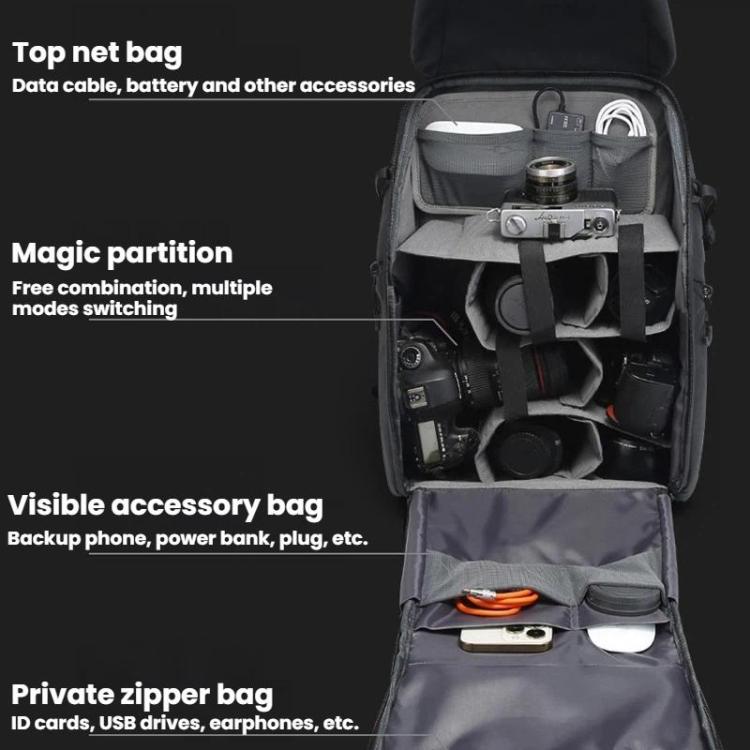 Backpack interior with accessory pouches and zippered compartments for small electronics