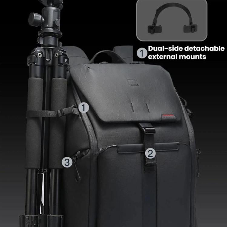 Side view of backpack with top flap and exterior attachment mounts near the back panel