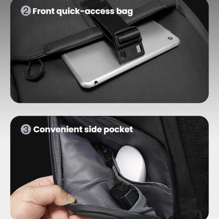 Front quick-access pocket and side pocket with secure straps inside the backpack