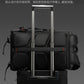 Backpack with integrated luggage handle system for stacking on rolling suitcases