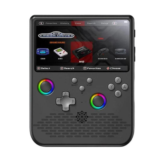 Black handheld game console with illuminated joystick rings and D-pad under screen display